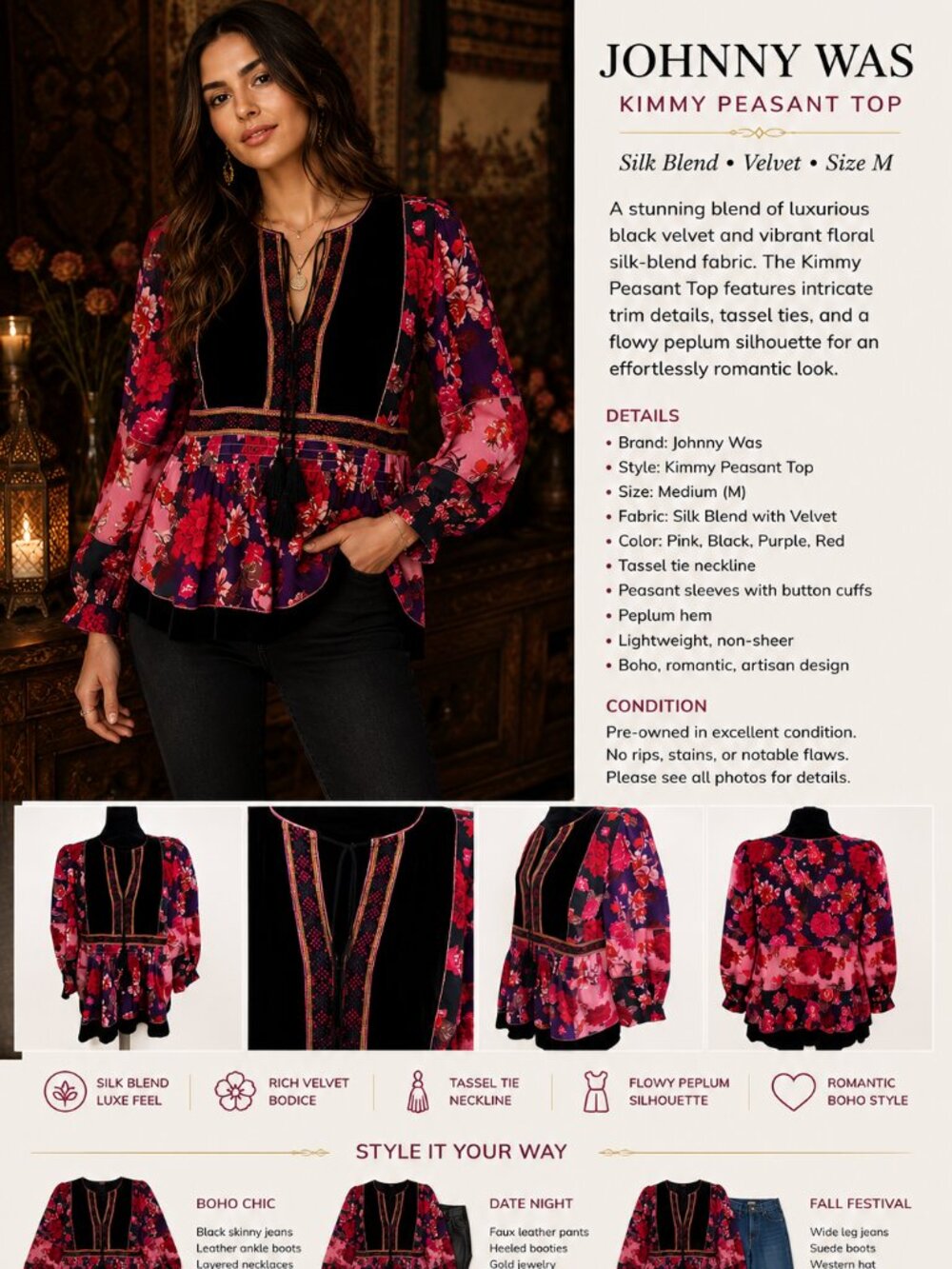Johnny Was Kimmy Peasant Top Womens M Silk Blend Velvet Floral Boho Romantic